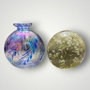 Vintage Art Glass Vase & Bubble Paperweight Set Blue Iridescent Pulled Feather